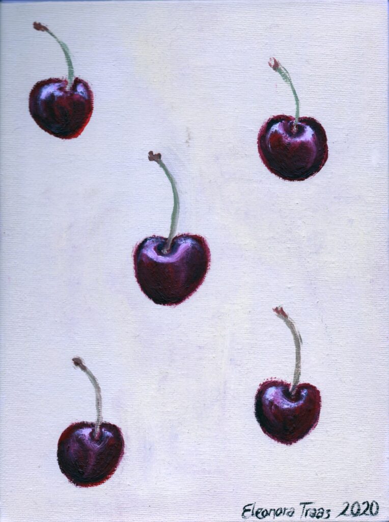 An oil sketch of cherries with a yellow background.