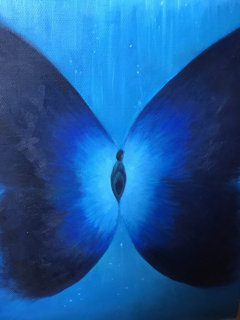 Abstract painting of butterfly form using vibrant blue hues.