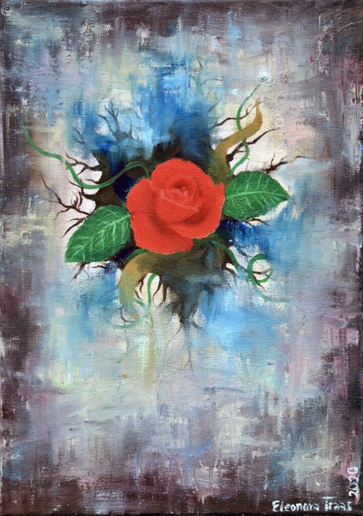 Abstract painting of a red rose emerging from a muddled background.