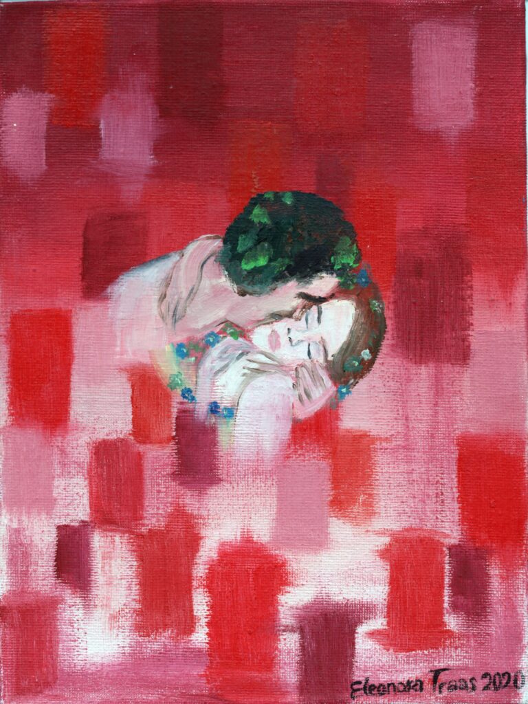 abstract painting of a man kissing a womans cheek.