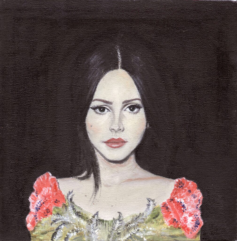 portrait of Lana Del Rey, black background.