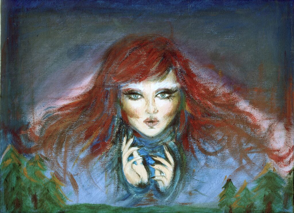 abstract painting of a woman with red hair.